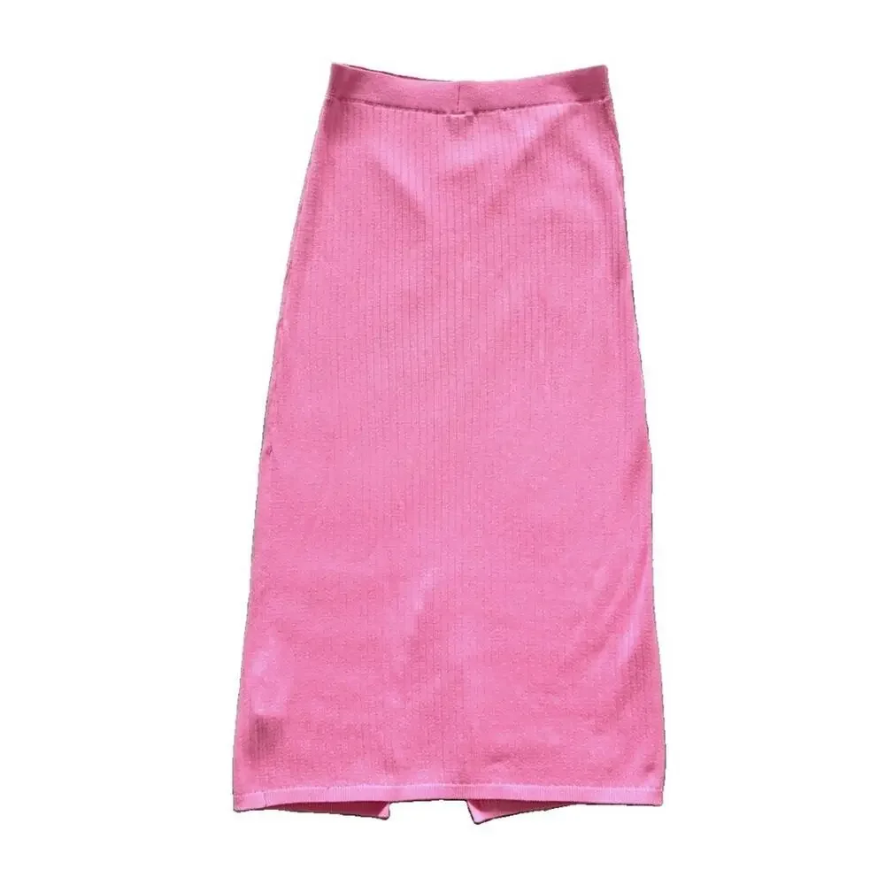 Free People Women's Skyline Ribbed Fitted Pink Front Slit Midi Skirt Size Medium